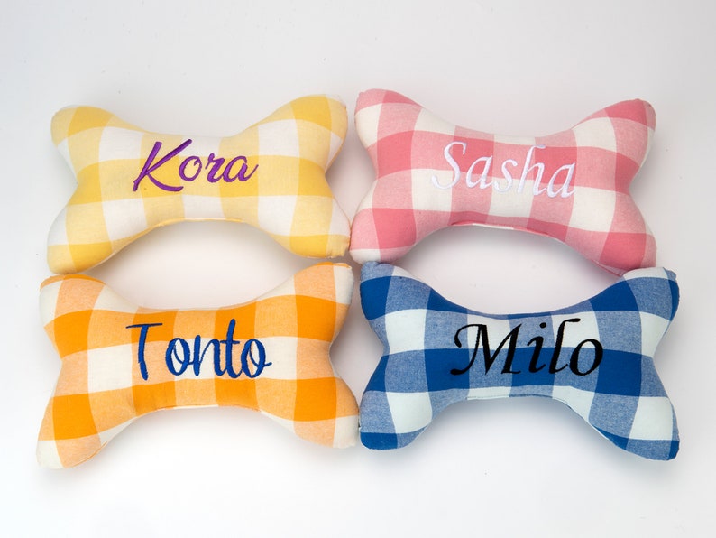 Dog Toy with Squeaker-Small Pet Plushies Custom Plaid Puppy Toy with Squeaker Personalize Dog Squeaky Toy Dog Bone Toy With Embroidered Name
