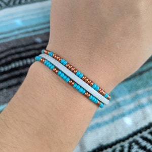 Waterproof Adjustable Beaded Leather Bracelet | Wax String Bracelet | Wax Cord Bracelet | Leather Bracelet - 3-in-1 Copper, Turquoise, White