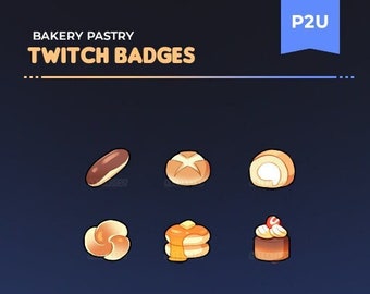 Insignias de Sub y Bits de Pastelería de Panadería | 6 lindas insignias de transmisión para Twitch | Insignias de Twitch Comida