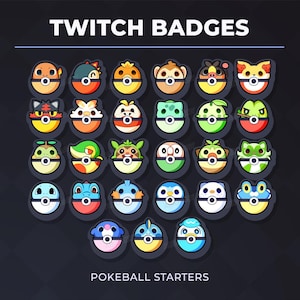 Peut inclure: Ensemble de badges Twitch avec des personnages de dessins animés dans des cadres Pokéball. Les badges sont colorés, avec divers motifs d'animaux et de créatures. Le texte en haut indique "TWITCH BADGES" et en bas "POKEBALL STARTERS".