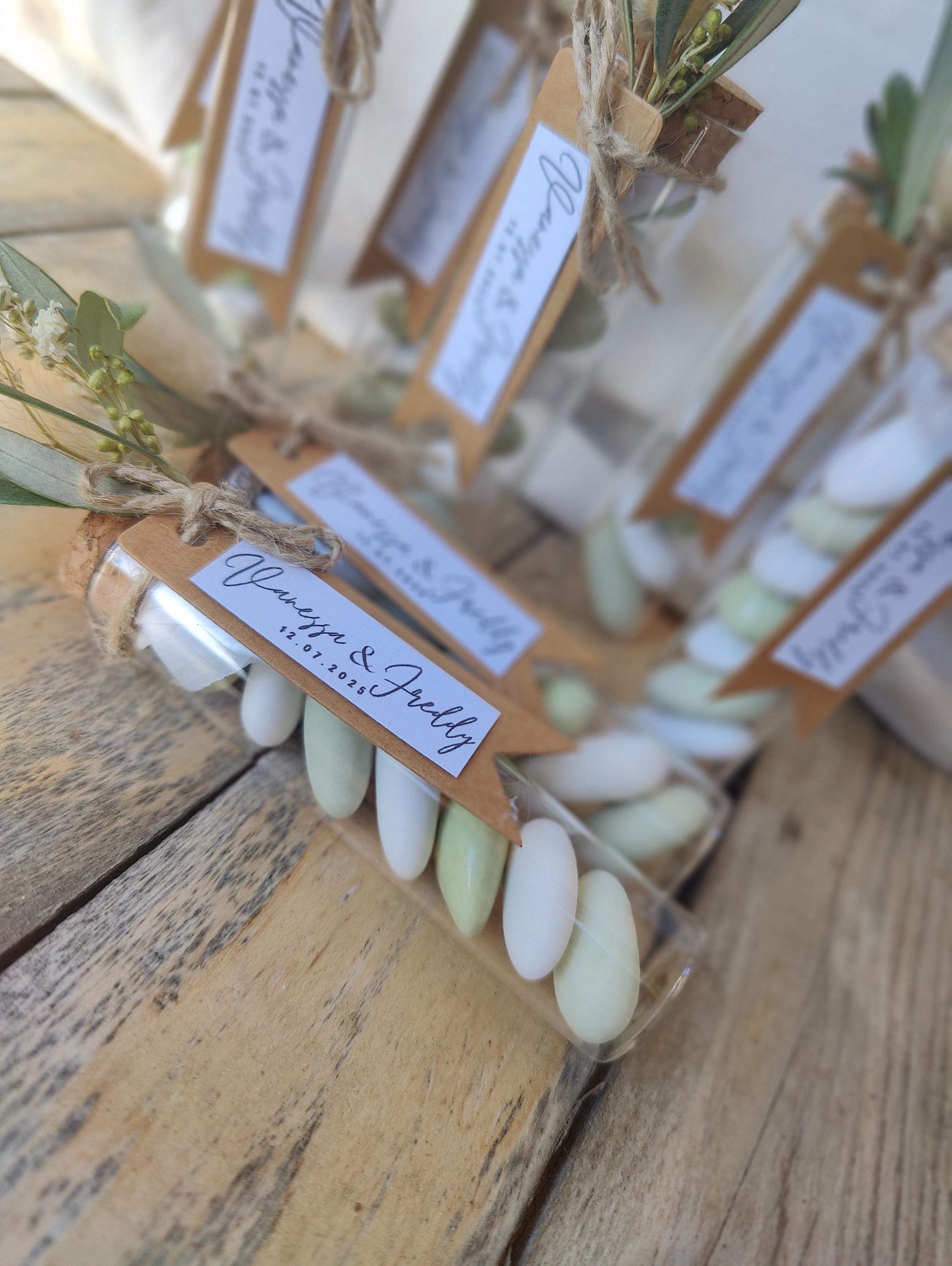 Éprouvettes à dragées vert Sauge et Eucalyptus pour Baptême/Mariage