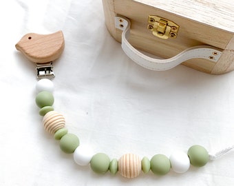 Silicone and wood pacifier clip
