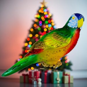 Green parrot Glass Christmas Ornament Handmade in Poland, Blown Glass, perfect for a gift