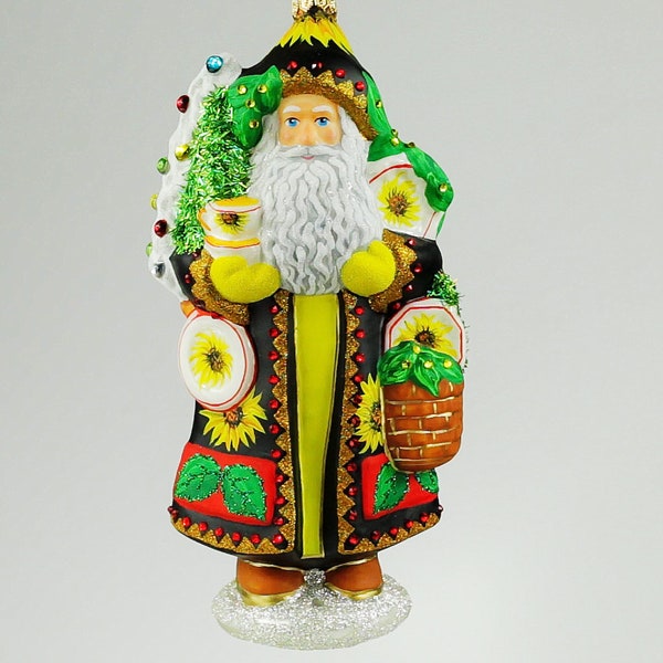 Handmade Santa Claus Glass Ornament, Sunflower Decor, Made in Poland
