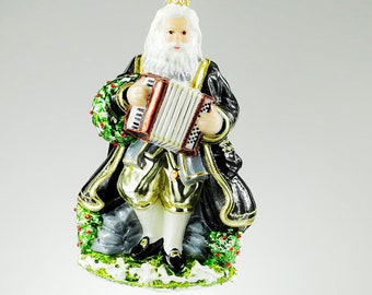 Santa Claus with Squeeze Box Glass Christmas Ornament Handmade in Poland, perfect for a gift