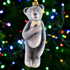 Big gray teddy bear Glass Christmas Ornament Handmade in Poland, perfect for a gift