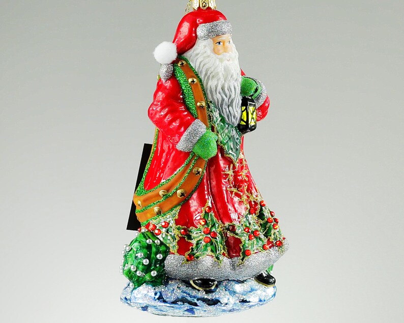 Santa Claus With a Holly Glass Christmas Ornament Handmade in Poland ...