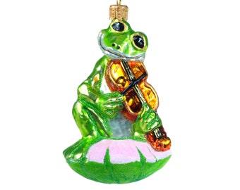 Frog with a violin Glass Christmas Ornament, Handmade in Poland, Blown Glass, perfect for a gift