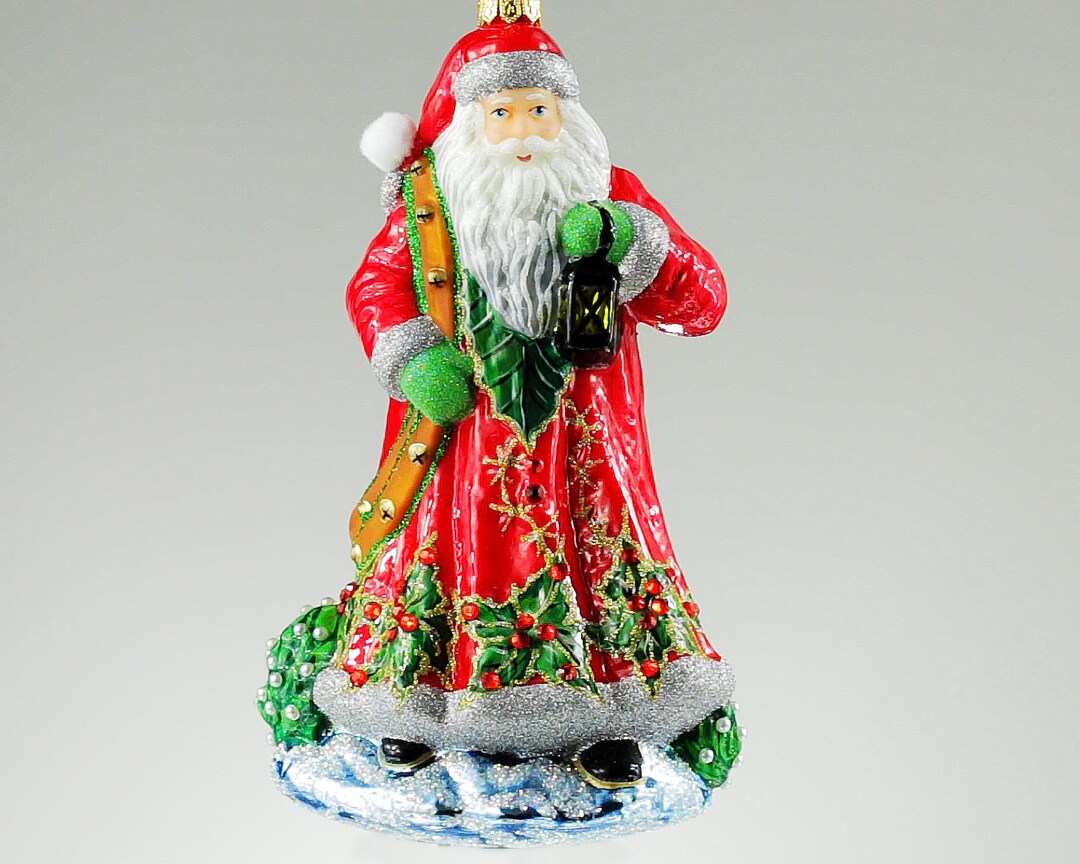 Santa Claus With a Holly Glass Christmas Ornament Handmade in Poland ...