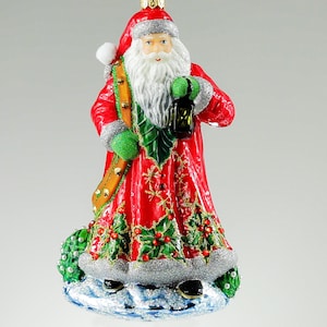 Santa Claus with a Holly Glass Christmas Ornament Handmade in Poland,