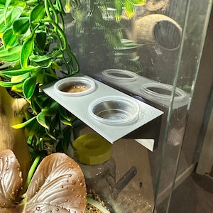 Puede incluir: Un soporte de plato de comida de plástico blanco con tres platos de plástico transparente unidos a un terrario de vidrio. El soporte está unido al vidrio con ventosas.