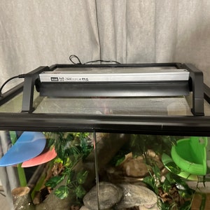 Puede incluir: Terrario negro para reptiles con una tapa de malla y una l&aacute;mpara de calor Zoo Med Repti Basking Spot. El terrario tiene una planta verde frondosa, una rama marr&oacute;n y un bebedero de pl&aacute;stico verde.