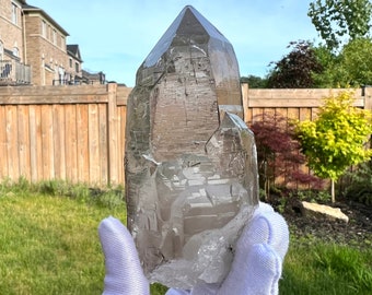 Himalayan Cathedral Lightbrary Smoky Quartz with Blue Mist/Rainbow Coating/Black Tourmaline - 349g