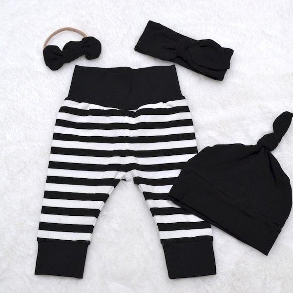 zwart wit gestreepte legging / baby hoed / baby hoofdband / mini nylon strik / baby outfit / pasgeboren outfit / take home outfit / peuter outfit / boy outfit