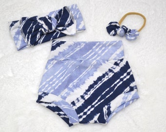 Blue Shibori Bummies/ Headband/ Bow /Baby Bummies/ Girl Shorties/ Baby Bloomers/ Unisex Clothing/ Boy Shorts/ Baby Clothing