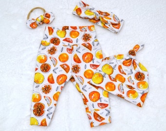 Orange Fruit Leggings/Baby Hat/Baby headband/Mini Nylon Bow/Baby Unisex Outfit/Newborn Outfit/Toddler Clothing/Spring Gift