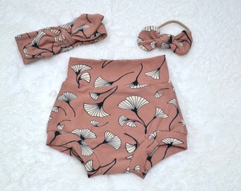 Light Pink Gingko Leaf Bummies/ Mini Nylon bow/ High Waist Shorties/ Girl Shorts / Baby Bummies/ Baby Clothes/ Baby Clothes/ Baby outfit