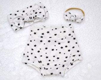 Black Star Bummies/ Headband/ Mini Bow/ /High Waist Bummies/ Baby Clothing/ Unisex Bummies/ Baby Shorts