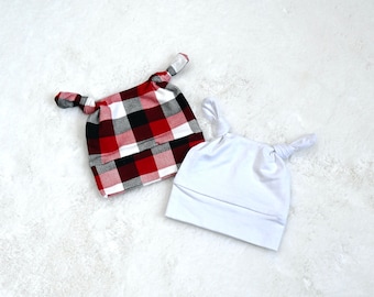 Double Knot Baby Hat: Red Plaid or Solid White, Newborn to Toddler