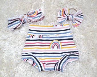 Baby Rainbow Striped Bummies/ Mini Nylon Bow/Baby Bloomers/ Baby Clothes/ Baby Outfit/ Baby Girl Outfit/ High Waist Shorties