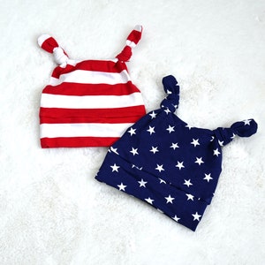 Double Knot Red White Stripe Hat/White Star Hat, 4th of July Double knot Hats, Toddler Hat, Patriotic Hats