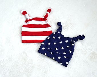 Patriotic Baby Double Knot Hat: 4th of July, Red White Stripe, White Star