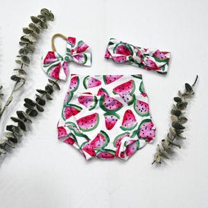 Rib Watermelon High Waist Bummies/Large Bow/Headband/Toddler Outfit/Cute Baby Shorties/Underwear