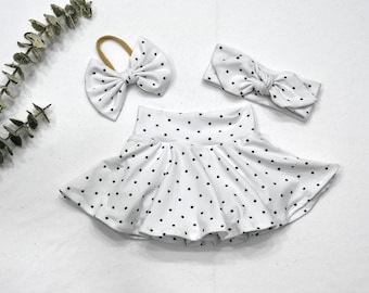 Svart prickig babyflickkjol med pannband och set / sommarbabykjol / småbarnskjol / magoutfit