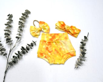 Tie Dye High Waist Baby Bummies Outfit/Shorts, Bow and Headband Set
