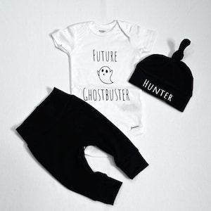 Personalized Baby Hat/Future Ghostbuster Onesies/ Black Baby Outfit/ Fall Outfit/Holiday Outfit