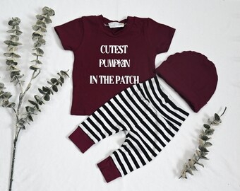 Cutest Pumpkin in the Patch Baby Outfit/Burgundy T-Shirt/Baby Boy Outfit/Baby Girl Outfit/Handmade Baby Set/Fall Baby Outfit