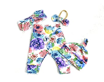 Conjunto floral para bebé: leggings, gorro y diadema