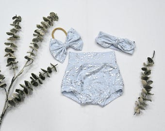 Baby Girl Bummies Set/Silver Foil Baby Bummies with Matching Bow/Headband/Baby Shower Gift