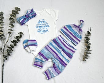 Baby Christian Outfit Set/Psalm 63:4 Baby Bodysuit/Bible Verse Baby Clothes/Purple Blue Striped Baby Set/Newborn Gift