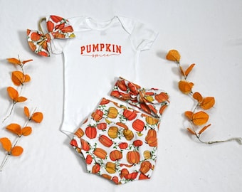 Pumpkin Spice Baby Girl Outfit/Bodysuit and Bummies Set/Pumpkin Spice Baby Outfit/Baby Girl Fall Clothes