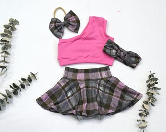 Completo gonna a quadri monospalla rosa acceso/Completo per bambina/Completo per il compleanno della bambina/Set con fascia per capelli abbinata