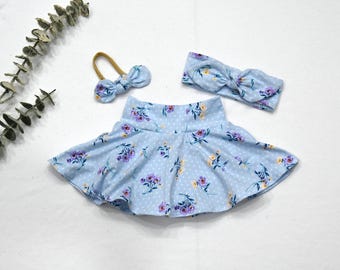 Polka Dot Floral Baby Girl Skirt Bummies/Matching Headband and Bow/Toddler Baby Skirt