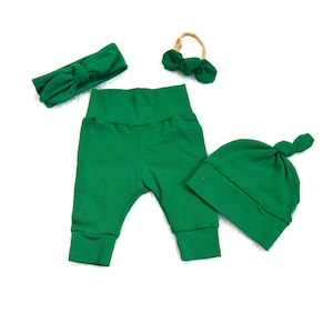 Kelly Green Baby Outfit: Cotton Leggings, Hat, Headband & Bow