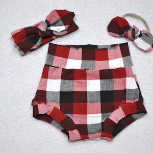 Baby Plaid Bummies/ Red,Black,Cream/ Mini Nylon Bow/ Headband/Baby Bummies/ Girl Shorties/ Baby Clothes