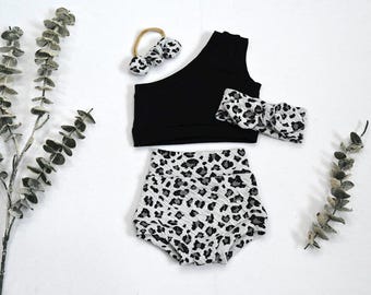 Baby Girl Leopard Outfit/One Shoulder Crop Top & Bummies Set/Trendy Toddler Summer Outfit/Handmade Gift