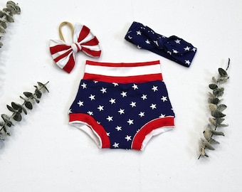 4th of July Baby Bummies Set: Navy Star Shorts, Striped Bow Headband