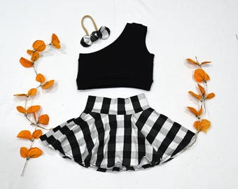 Black and White Buffalo Plaid Baby Girl Skirt Bummies Outfit/One-Shoulder Tank and Bows/Toddler Outfit/Summer Baby Set