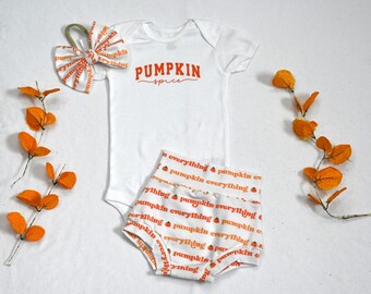 Pumpkin Spice Baby Girl Outfit/Bodysuit and Bummies Set/Pumpkin Spice Baby Outfit/Baby Girl Fall Clothes