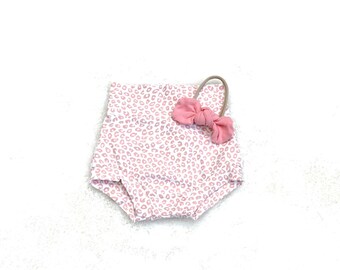 Pink Leopard Baby Bummies Set: High Waist Bloomers, Mini Bow