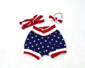 4th of July Toddler Outfit/ Patriotic Shorts, Headband & Bow/Baby Girl Independence Day Set
