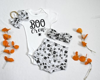Handmade Baby Glow Spider Eyes Outfit: Black-White Print Bodysuit & Bummies Set