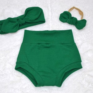 Kelly Green Baby Bummies Outfit/ High Waist Shorties, Headband and Matching Bow