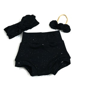 Black Sparkle Baby Bummies Set: High Waist Bloomers & Mini Bow