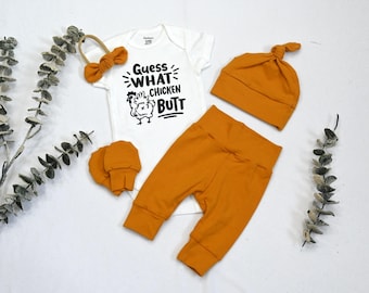 Guess What Chicken Butt Baby Outfit/Toddler baby Outfit/Solid Mustard Outfit/Soft Baby Clothes/Funny Chicken Bodysuit