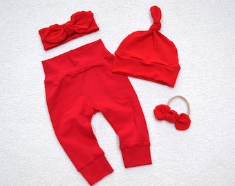 Red Cotton Baby Outfit: Leggings, Hat & Bow Headband